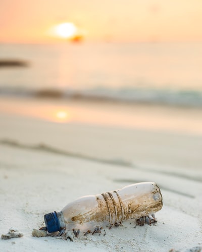 透明的塑料瓶子旁边的海滩
